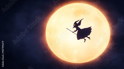 A mysterious silhouette of a witch flying across a full moon, evoking a sense of magic and adventure in the night sky.