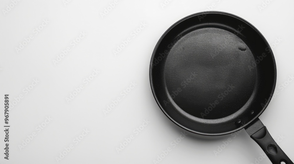 Black frying pan from above on white background with space for text, kitchen decor. Black frying pan from above on white background with space for text, kitchen decor.