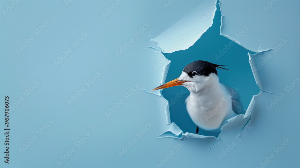 Fototapeta premium cute tern peeking through a hole in a blue paper wall