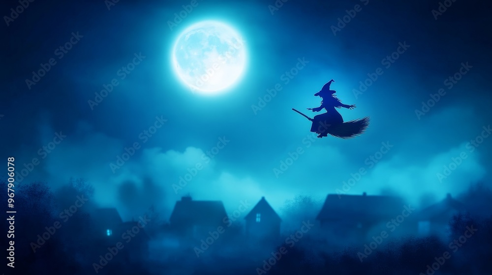A mystical scene of a witch flying on a broomstick under a large full moon, casting an enchanting glow over a foggy village.