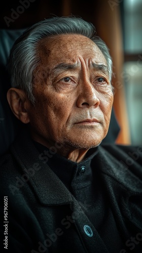Distinguished elderly asian man, wearing dark attire, gazes thoughtfully into the distance in a somber indoor setting, his expression reflecting years of wisdom and experience.