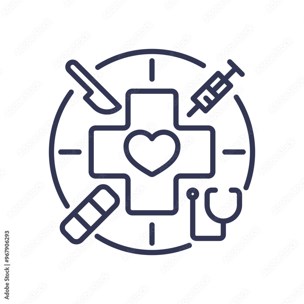 Healthcare services icon with a cross, heart, syringe, stethoscope, scalpel, and bandage, symbolizing medical care and treatment. Healthcare services icon with a cross, heart, syringe, stethoscope, scalpel, and bandage, symbolizing medical care and treatment.