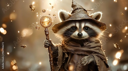 Raccoon dressed as a wizard with a staff and magical symbols floating around, wizard raccoon, mischievous magic animal