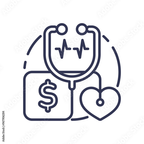 Illustration of medical billing with stethoscope, dollar sign, and heart symbolizing healthcare costs and financial management.