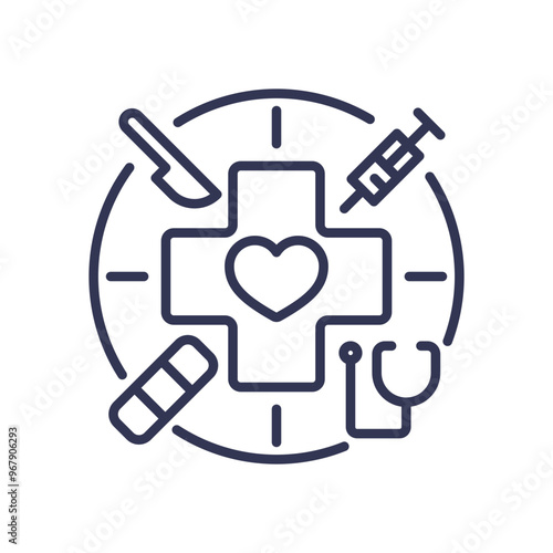 Healthcare services icon with a cross, heart, syringe, stethoscope, scalpel, and bandage, symbolizing medical care and treatment.