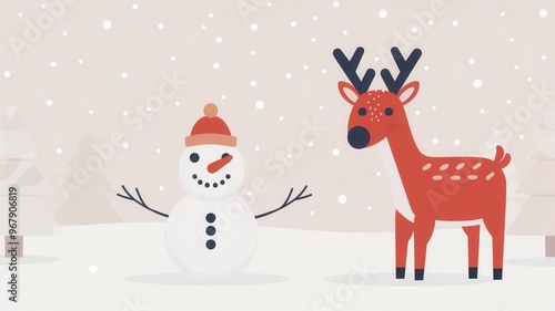 Reindeer building snowman, festive activity, flat design illustration, copy space for text, focus cover all object, deep dept of field