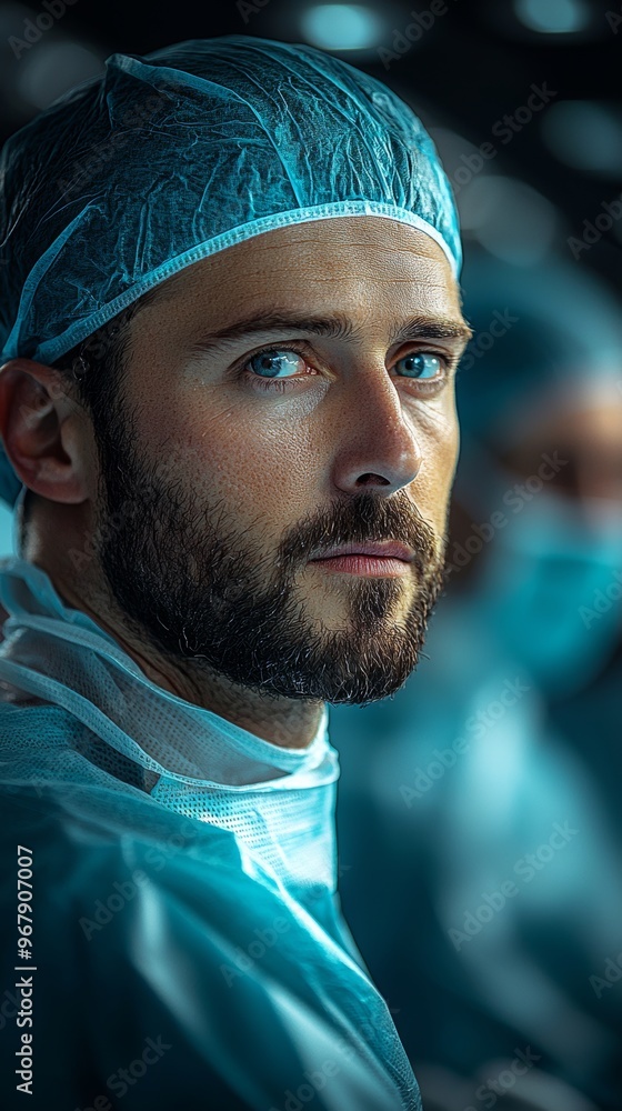 Man with a serious expression, dressed in blue medical scrubs and a surgical cap, is staged in a medical environment. His focused and dedicated demeanor stands out. Man with a serious expression, dressed in blue medical scrubs and a surgical cap, is staged in a medical environment. His focused and dedicated demeanor stands out.