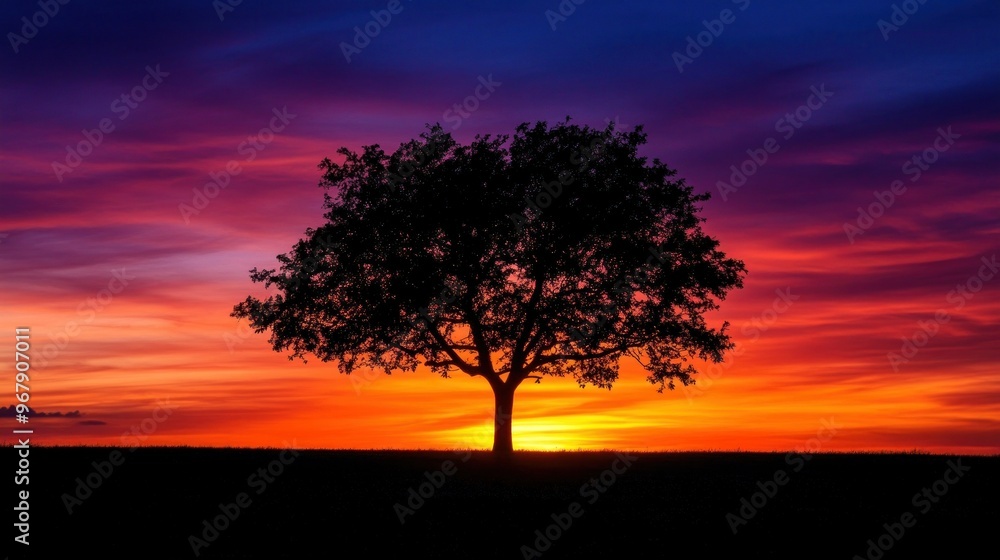 A solitary tree silhouetted against a vibrant sunset sky. A solitary tree silhouetted against a vibrant sunset sky.