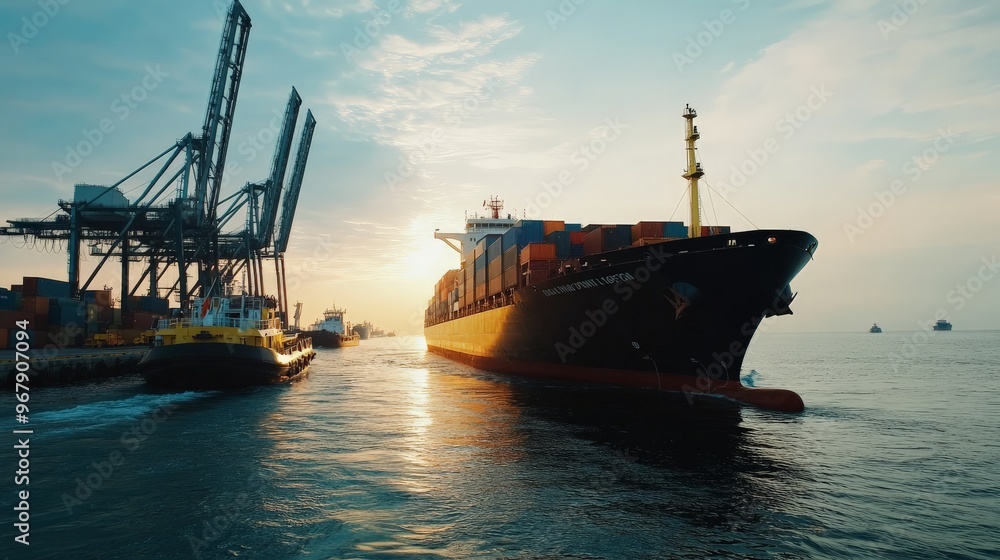 Container ship docked at port during sunset with crane machinery in the background, emphasizing global trade and logistics. Container ship docked at port during sunset with crane machinery in the background, emphasizing global trade and logistics.