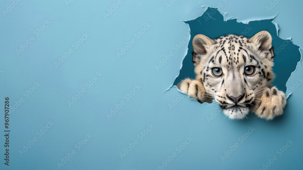 Obraz premium cute snow leopard peeking through a hole in a blue paper wall
