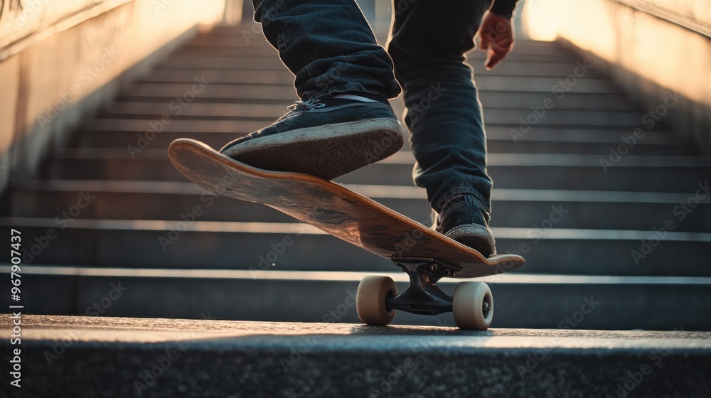 A skater performing a trick on a skateboard while descending stairs. A skater performing a trick on a skateboard while descending stairs.