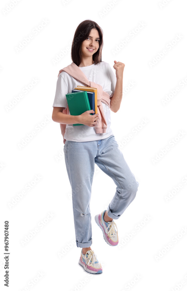 Cute teenage girl with books on white background Cute teenage girl with books on white background