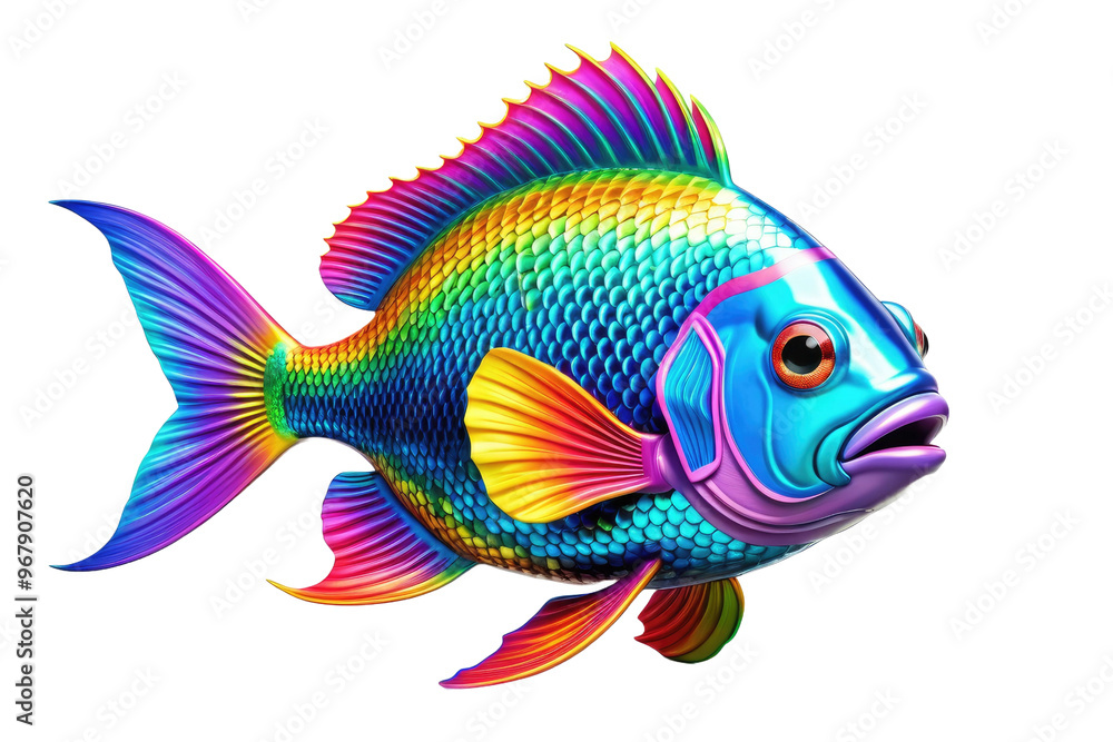 Fototapeta premium Cartoon rainbow fish, 3D style, full body, centered isolation against white backdrop, high-resolution stock photo, vibrant colors, ultra-clear, dramatic lighting