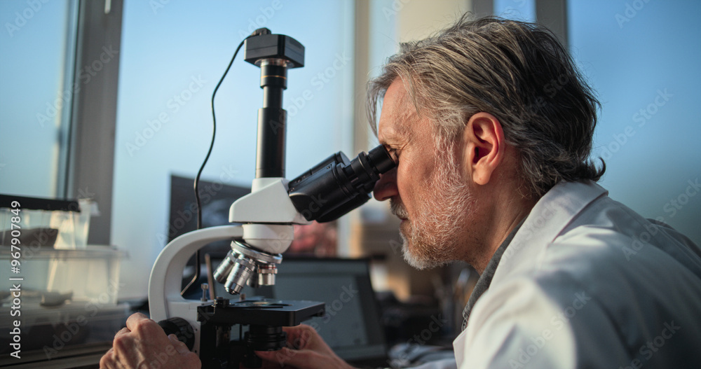 Mature chemist or microbiologist analyzes sample under microscope, looks at laptop screen. Scientist or archaeologist works with professional equipment in advanced archaeological science laboratory. Mature chemist or microbiologist analyzes sample under microscope, looks at laptop screen. Scientist or archaeologist works with professional equipment in advanced archaeological science laboratory.