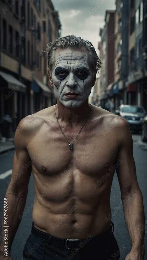 Man walking down a street with a surreal face on his chest. Man walking down a street with a surreal face on his chest.
