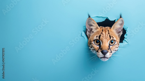 cute serval peeking through a hole in a blue paper wall