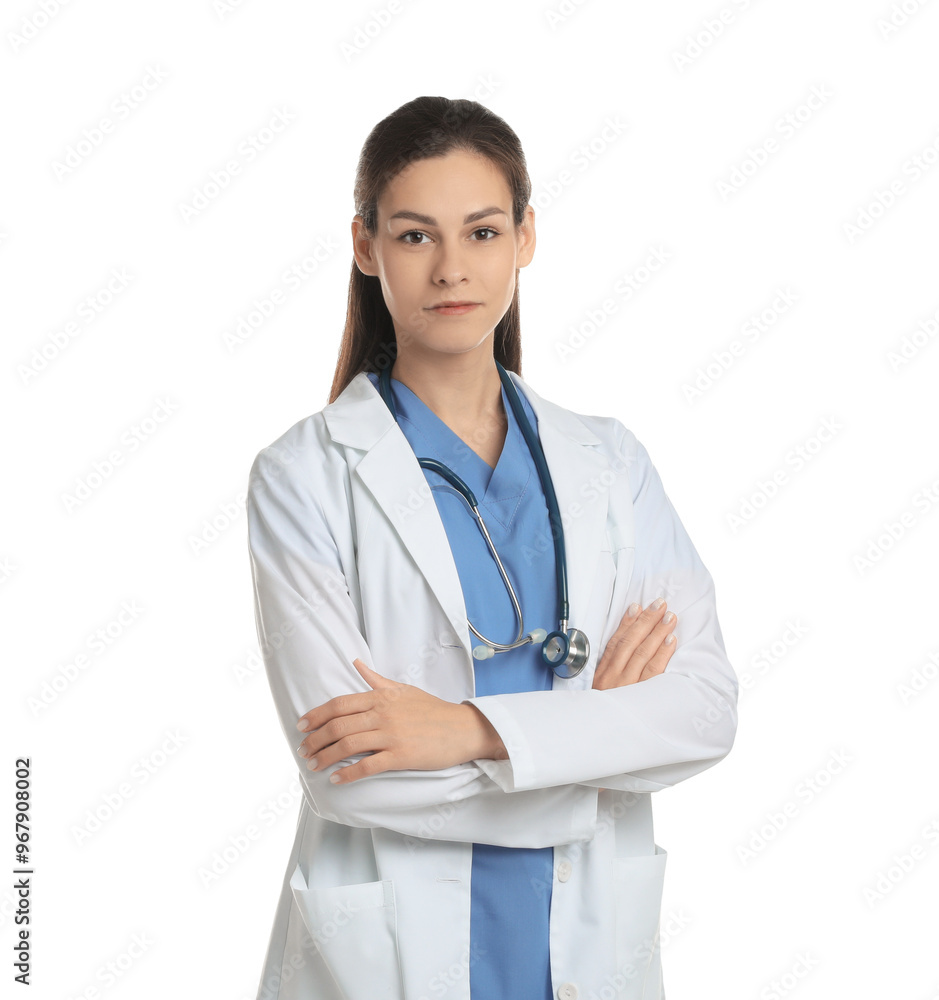 Portrait of beautiful nurse with crossed arms on white background Portrait of beautiful nurse with crossed arms on white background