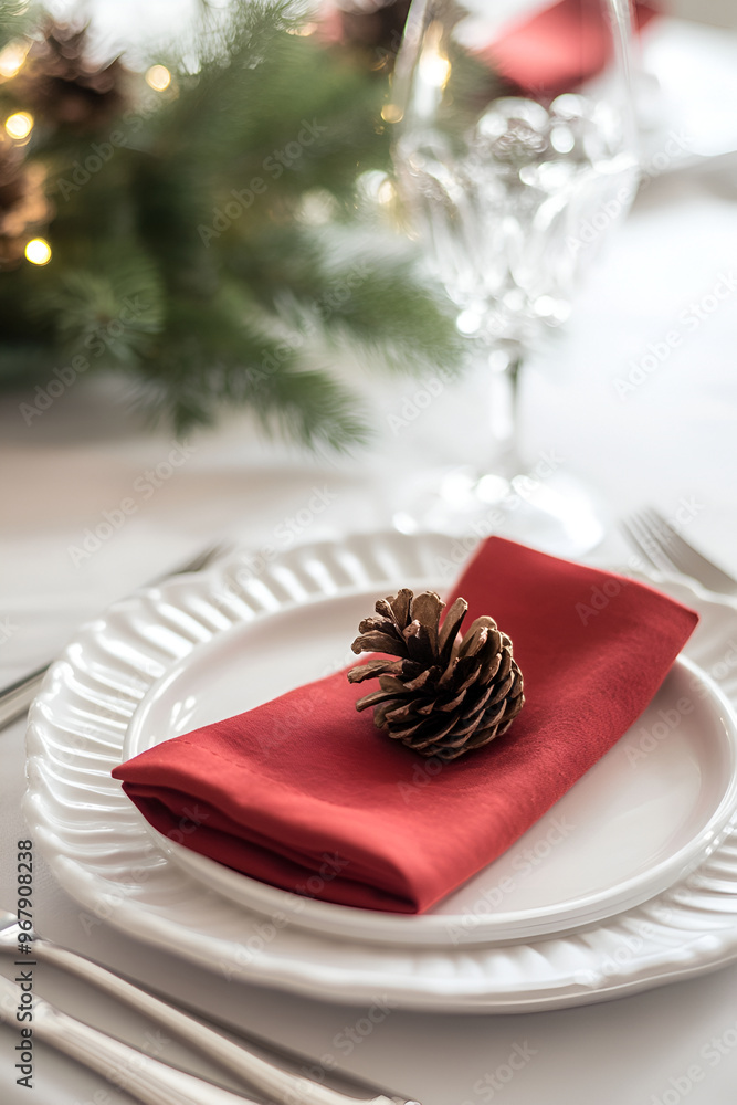 Christmas table setting with a red napkin, pine cone, and greenery, creating a cozy and festive holiday dining atmosphere Christmas table setting with a red napkin, pine cone, and greenery, creating a cozy and festive holiday dining atmosphere