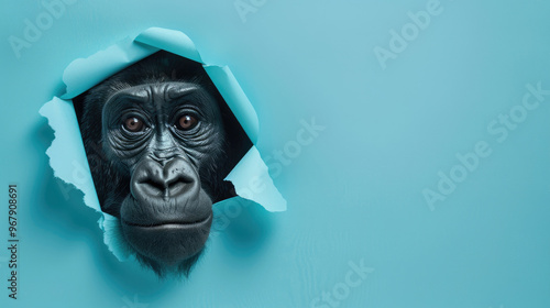 cute zorilla peeking through a hole in a blue paper wall photo