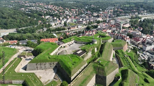 Klodzko Fortress (German: Festung Glatz) – a preserved fortress in Klodzko, a defense system from the 17th and 18th centuries in Poland. Aerial drone view of Klodzko Fortress and town Klodzko
