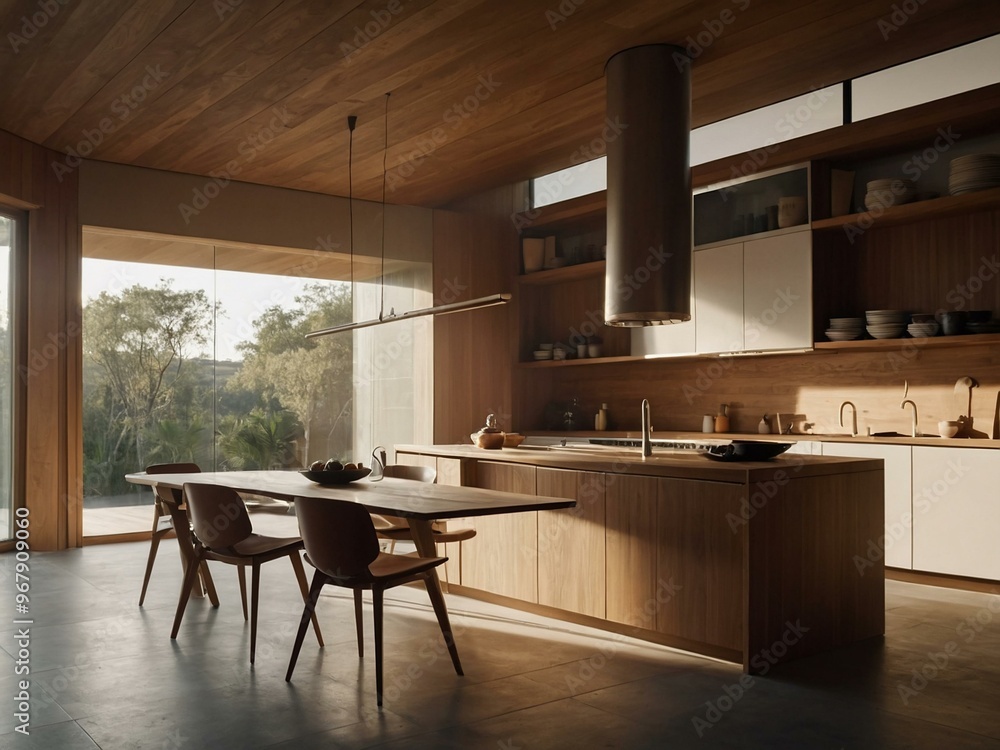 Minimalist kitchen island bathed in warm sunlight and featuring wooden accents. Minimalist kitchen island bathed in warm sunlight and featuring wooden accents.