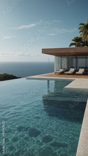 Minimalist house with a swimming pool and ocean view  rendered in D.