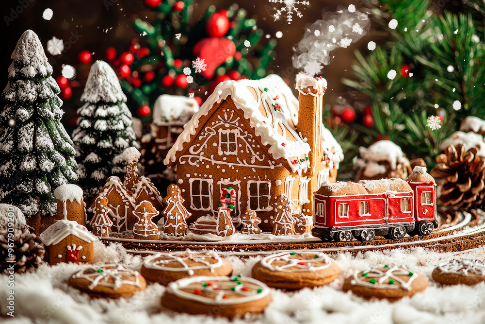 Christmas gingerbread village, house, train and tree. Christmas gingerbread village, house, train and tree.