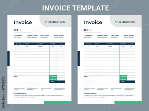 Invoice minimal design for corporate business. Clean invoice template. Print-ready business price invoices and payment agreement vector bill stationery design templates