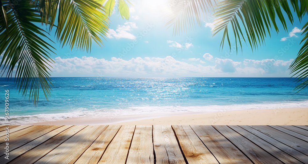 Sunny Tropical Beach with Palm Leaves, Wooden Deck Overlooking the Ocean and Blue Sky, Vacation Paradise Sunny Tropical Beach with Palm Leaves, Wooden Deck Overlooking the Ocean and Blue Sky, Vacation Paradise