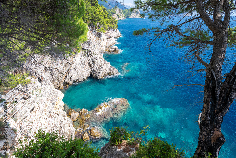 amazing rocky coast with azure sea in Petrovac in Montenegro