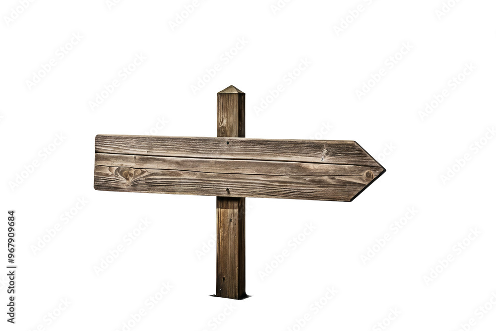 Fototapeta premium Empty wooden sign post, centered, full-body view, isolated against a pristine white background, natural wood texture, soft shadow beneath, high resolution image, stock photography style, ultra clear