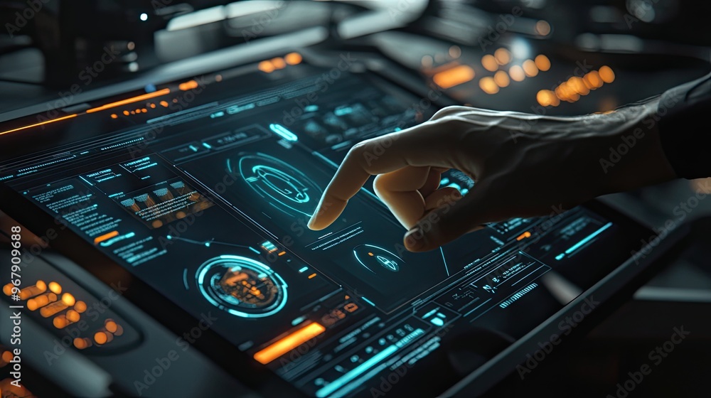 Naklejka premium A high-tech digital interface with a virtual assistant powered by AI, providing real-time data analysis on a sleek touchscreen device.