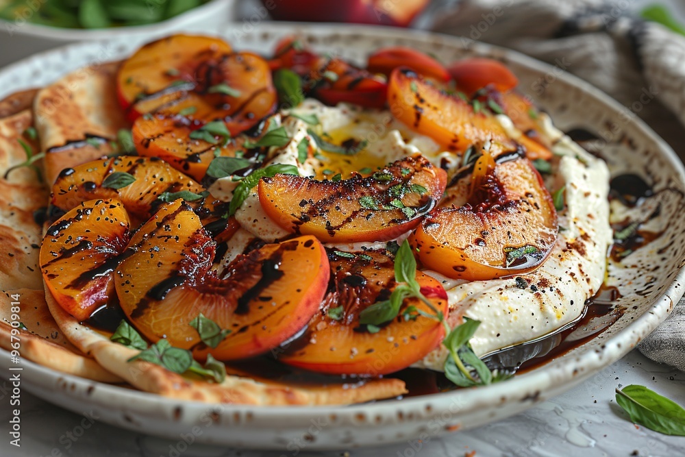 An inviting plate featuring fluffy whipped ricotta, topped with succulent roasted peaches and served with crunchy pita slices. Artistically drizzled with balsamic reduction and garnished with vibrant An inviting plate featuring fluffy whipped ricotta, topped with succulent roasted peaches and served with crunchy pita slices. Artistically drizzled with balsamic reduction and garnished with vibrant