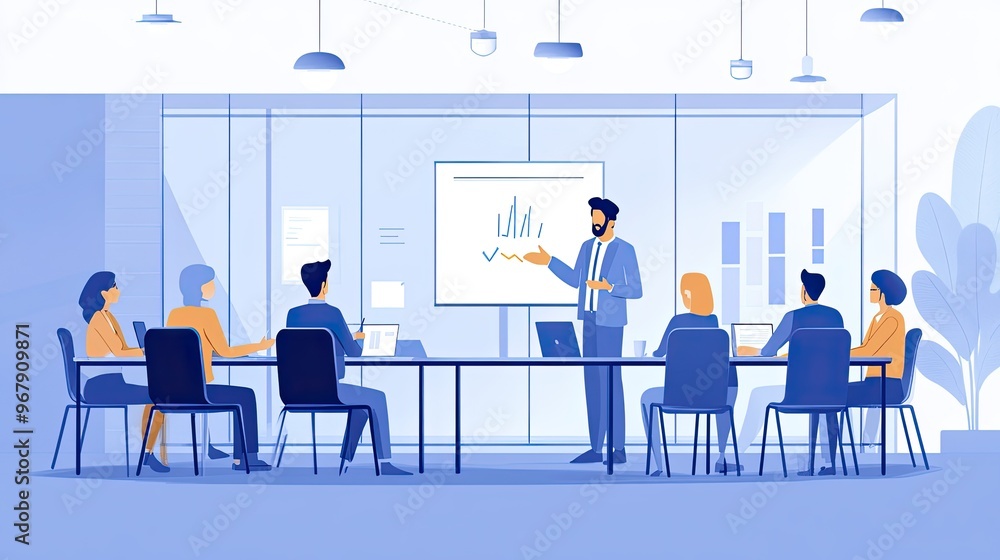 A meeting concept with a leader presenting to a team in a glass-walled conference room, illustrating transparency and open communication. A meeting concept with a leader presenting to a team in a glass-walled conference room, illustrating transparency and open communication.