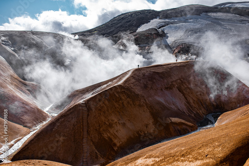 Geothermal Valley with Steam Vents and Colorful Hills