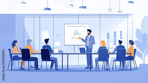 A meeting concept with a leader presenting to a team in a glass-walled conference room, illustrating transparency and open communication.