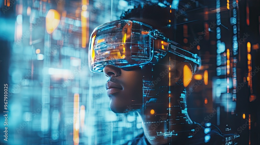 A visual representation of digital innovation featuring a person wearing augmented reality glasses, interacting with a virtual environment in real-time. A visual representation of digital innovation featuring a person wearing augmented reality glasses, interacting with a virtual environment in real-time.