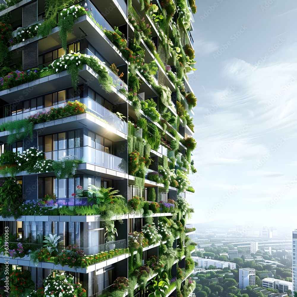 Futuristic Green Skyscraper with Vertical Farms on Balconies Transforming the Urban Landscape Futuristic Green Skyscraper with Vertical Farms on Balconies Transforming the Urban Landscape