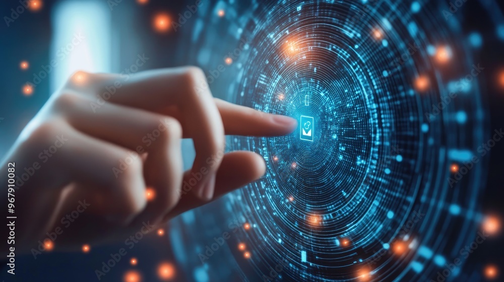 An image of a person using a biometric scanner to access digital content, representing innovation in security and identity verification. An image of a person using a biometric scanner to access digital content, representing innovation in security and identity verification.