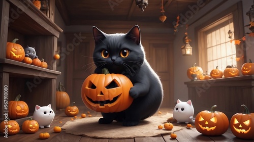 Digital illustration of Halloween-themed. The central subject is a large, black cat, holding a carved pumpkin with a jack-o'-lantern face. Surrounding the cat are smaller white and grey cats photo