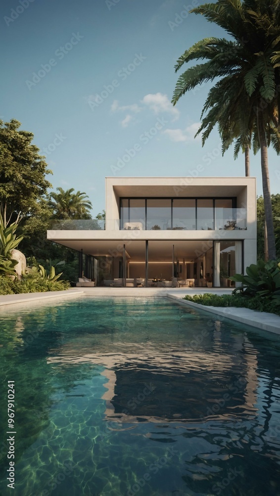 Modern house design with a pool and vibrant greenery, presented in a D illustration. Modern house design with a pool and vibrant greenery, presented in a D illustration.