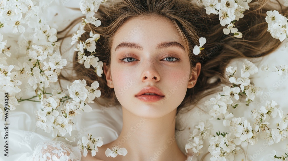 Enchanting Woman Surrounded by Delicate Spring Flowers in Serene Meadow Enchanting Woman Surrounded by Delicate Spring Flowers in Serene Meadow