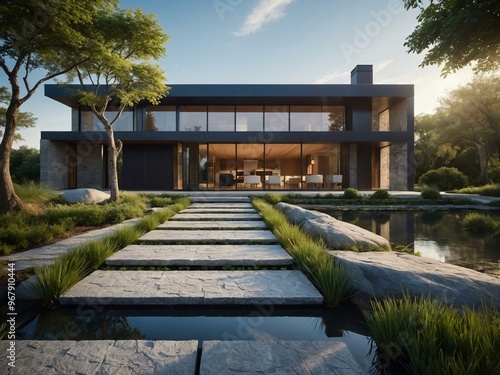 Modern house with a stone pathway and tranquil pond, illustrated in D. photo