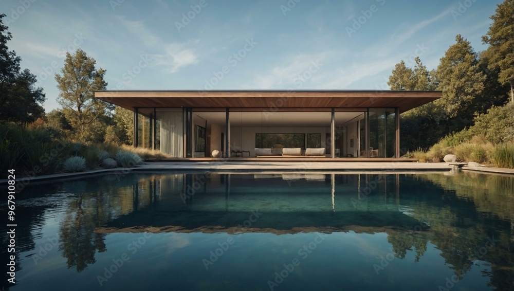 Modern minimalist home featuring large windows and a serene pond, illustrated in D. Modern minimalist home featuring large windows and a serene pond, illustrated in D.