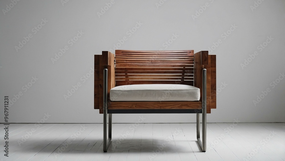 Modern wooden chair with sleek metal legs against a white backdrop. Modern wooden chair with sleek metal legs against a white backdrop.