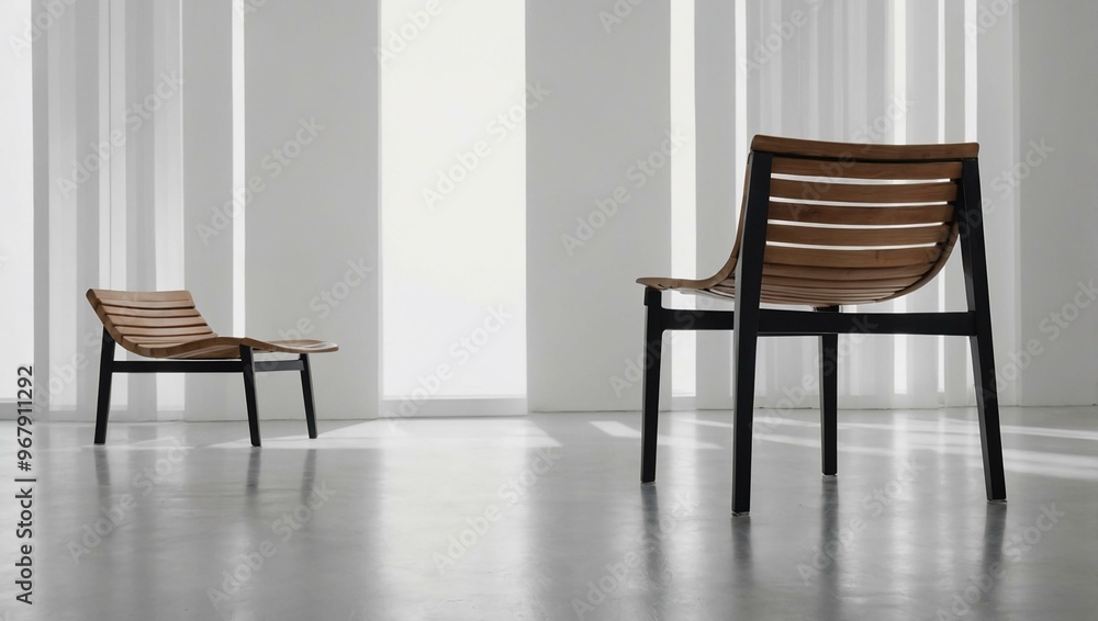 Modern wooden chair with sleek metal legs against a white backdrop. Modern wooden chair with sleek metal legs against a white backdrop.