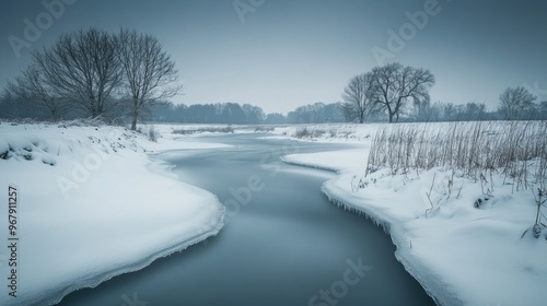 A serene winter landscape featuring a snowy river and bare trees under a moody sky.