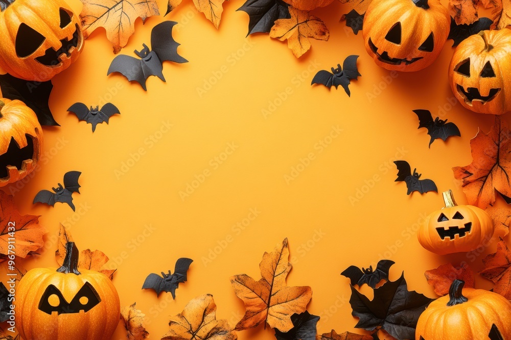 Festive Halloween scene featuring carved pumpkins, black bats, and autumn leaves on an orange background. Perfect for seasonal and spooky themes. Generated AI Festive Halloween scene featuring carved pumpkins, black bats, and autumn leaves on an orange background. Perfect for seasonal and spooky themes. Generated AI