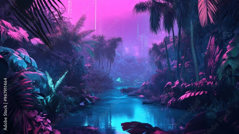 Fototapeta premium Neon-lit Stream in a Tropical Jungle with Cityscape in the Distance