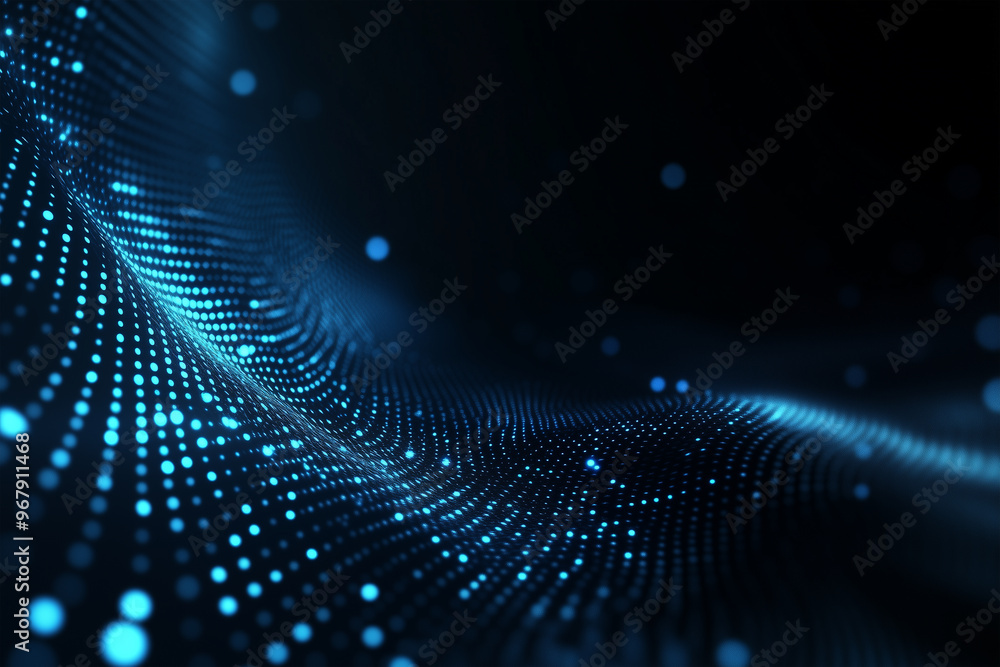 Abstract Futuristic Wave of Blue Dots on Dark Background, Digital Data Flow with Light Particles Abstract Futuristic Wave of Blue Dots on Dark Background, Digital Data Flow with Light Particles